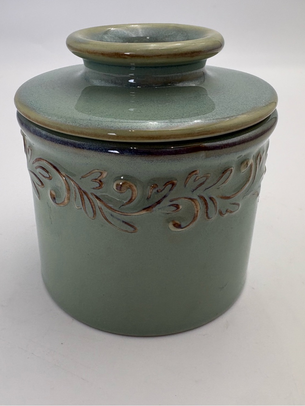 Green Ceramic Butter Bell Crock with Decorative Scroll Band